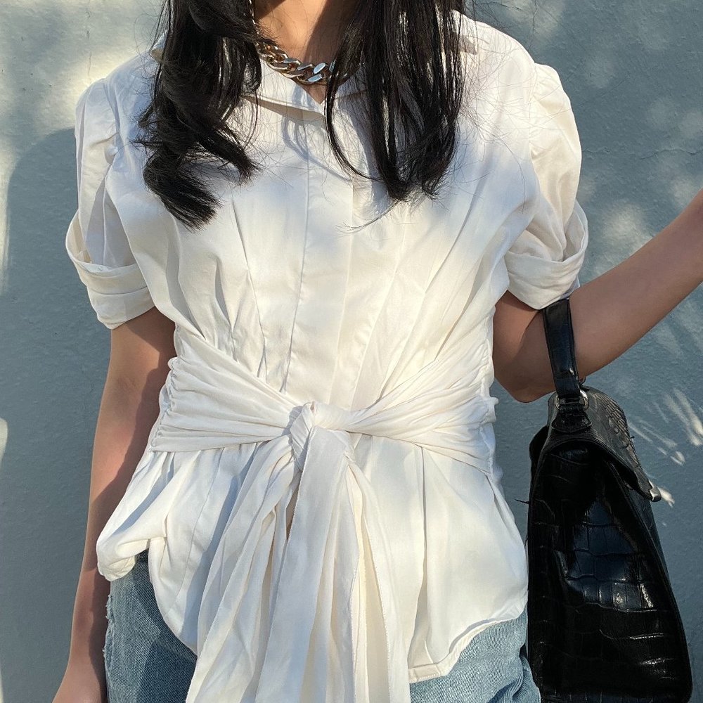 PRADA White Button-Up Blouse with Puff Sleeves and Tie Waist | Size 4 Excellent